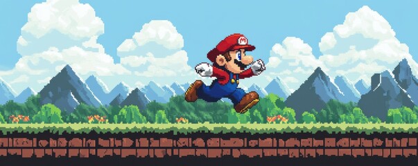 A classic 8-bit video game character jumping and running through a pixelated landscape.