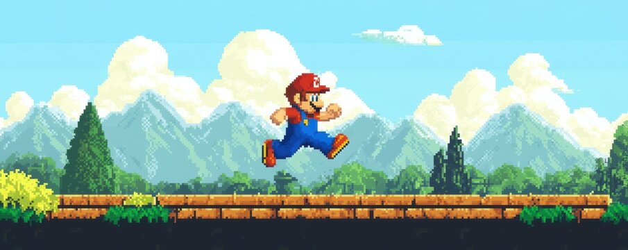 A classic 8-bit video game character jumping and running through a pixelated landscape.