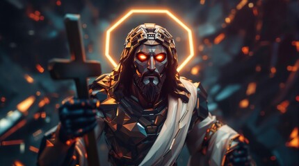 Futuristic Jesus Christ, digital art, low-poly, cyberpunk, metallic, glowing eyes, halo, religious, fantasy, sci-fi, AI, artificial intelligence, concept art