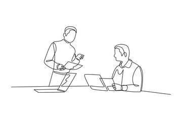 simple continuous line draw of discuss with business superiors. Business team work minimalist concept.