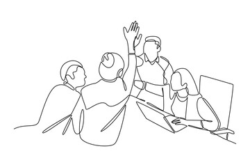 simple continuous line draw of business team celebrating success. Business team work minimalist concept.