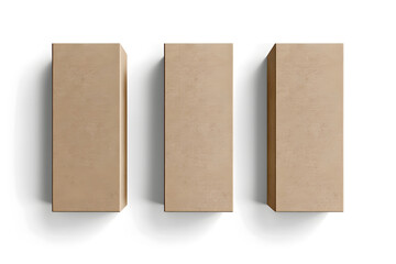 three cardboard rectangular packaging boxes mockups isolated on a clean white background. Generative Ai.