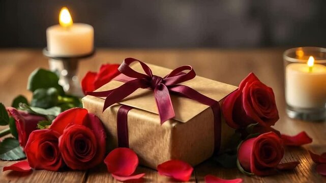 A beautifully wrapped valentine gift with a brown envelope and a burgundy ribbon