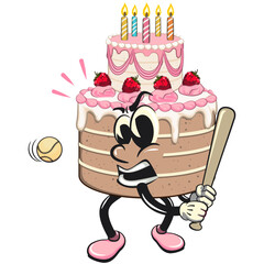 cute birthday and weading tart cake cartoon character mascot playing baseball ready to hit the ball with the bat, work of hand drawn