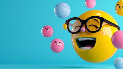 Joyful emoji laughing, surrounded by colorful spheres, on blue background; ideal for social media
