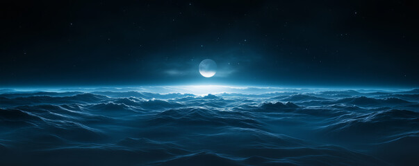 Fototapeta premium serene night sky with glowing moon over dark blue ocean waves, creating tranquil atmosphere. scene evokes sense of calm and wonder