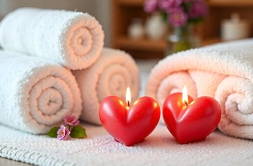 Candles in the shape of a heart next to white towels against the background of a salon spa. Atmosphere for relaxation, concept for spa retreats, beauty salons. Valentine's Day. Mother's Day