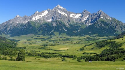 Majestic snow-capped mountains overlook a lush green valley. Perfect for travel brochures