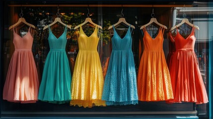 Rainbow dresses in a boutique window display