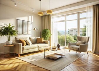Modern Minimalist Living Room with Balcony View: Beige Sofa, Natural Light & White Curtains