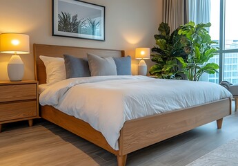 Fototapeta premium White Bedding Wooden Bed Bedroom with Nightstand and Lamps