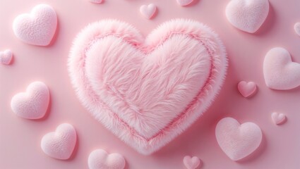 Pink fluffy hearts shape on pink background. minimalist style.