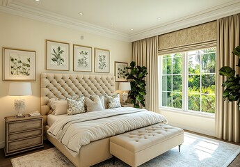Beige Tufted Upholstered Bed with Cushions and Bedding