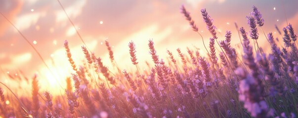 Scenic shot of a lavender field under a clear evening sky, peaceful atmosphere.