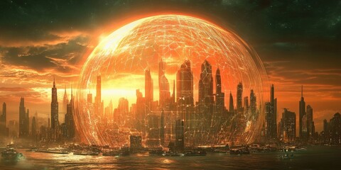 A glowing energy shield surrounding a futuristic city on an alien planet