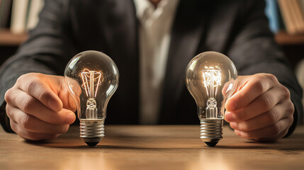 Close-up of a person comparing two energy-efficient light bulbs, highlighting decisions to save on electricity bills.
