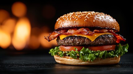 Juicy bacon cheeseburger, fire background, delicious meal, food photography