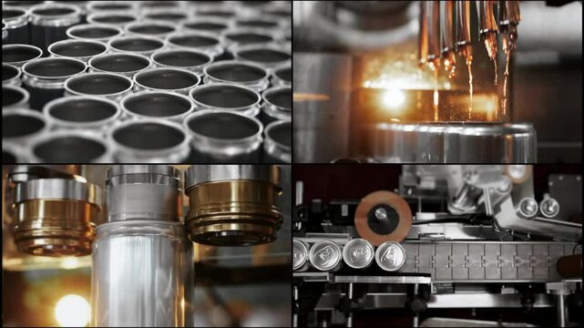 Multi Screen collage of production line for bottling drinks and beer at the plant. The process of automatically filling metal cans with a drink. Beverage production and bottling plant.