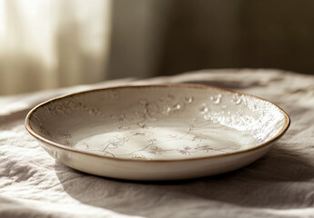 A delicate porcelain plate with intricate floral patterns sits elegantly on a soft beige tablecloth. The warm, natural light enhances the charm and detail of the dish, creating a serene atmosphere
