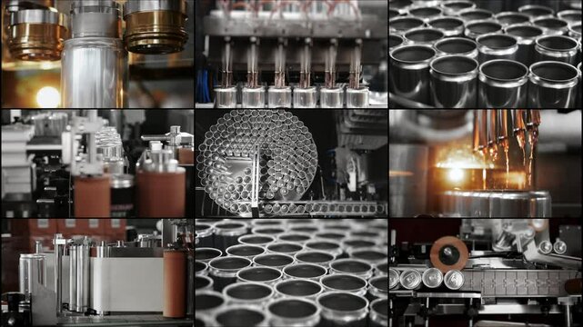 Multi Screen collage of production line for bottling drinks and beer at the plant. The process of automatically filling metal cans with a drink. Beverage production and bottling plant.