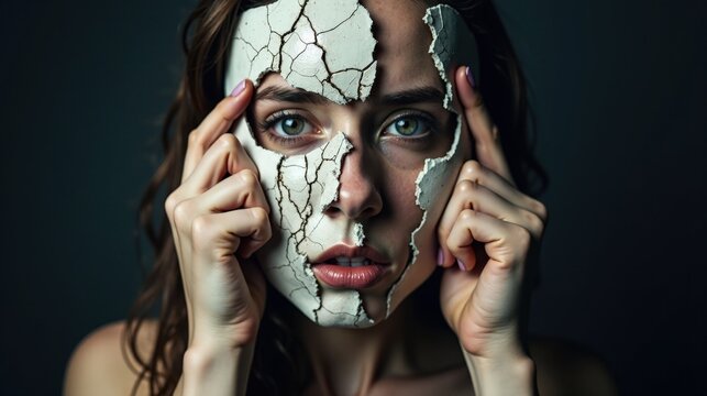 A person holds a cracked mask to their face, shards falling away to reveal a distorted reflection, symbolizing inner conflict and anxiety about identity.