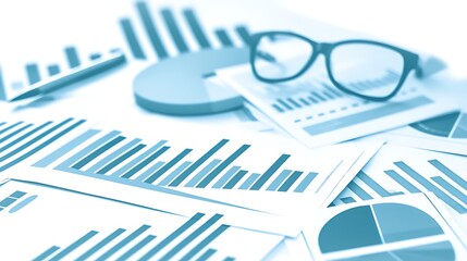 Financial reports, charts, graphs, and glasses on desk.