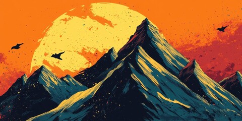 Majestic Mountains Sunset Landscape Artistic Impression