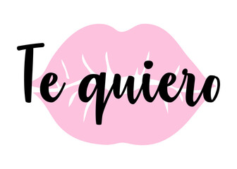 Logo con palabra te quiero en texto manuscrito en español con silueta de labios de mujer para felicitaciones y tarjetas de San Valentín