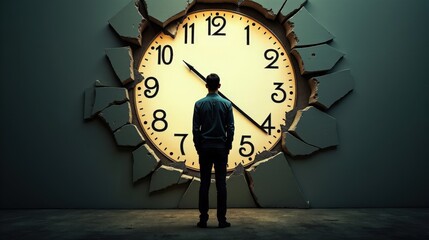 A silhouette of a person standing in front of a shattered clock with frozen hands, representing the fear of time running out and an uncertain future.