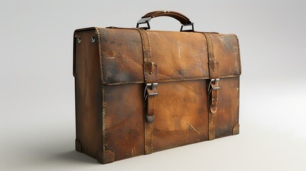 Old Brown Leather Briefcase with Buckles and Handle
