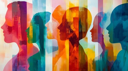 Colorful overlapping silhouettes of people, Vibrant abstract human profiles, Modern colorful head art