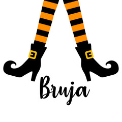 Logo Halloween. Piernas de bruja separadas con botas y medias y palabra Bruja en español para tarjetas y felicitaciones © teracreonte