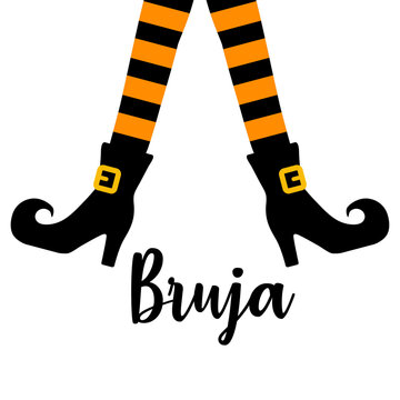 Logo Halloween. Piernas de bruja separadas con botas y medias y palabra Bruja en espa&ntilde;ol para tarjetas y felicitaciones