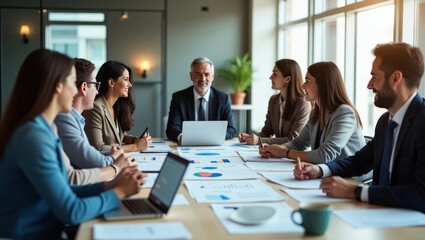 group of professionals at a conference table with laptops in a modern office environment