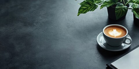 Modern workspace flat lay featuring a dark table with a grey aesthetic a coffee cup with latte art a notebook and green plant positioned left