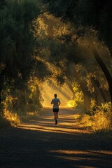 Healthy Lifestyle and Fitness: A fit individual in athletic wear jogging along a forest trail