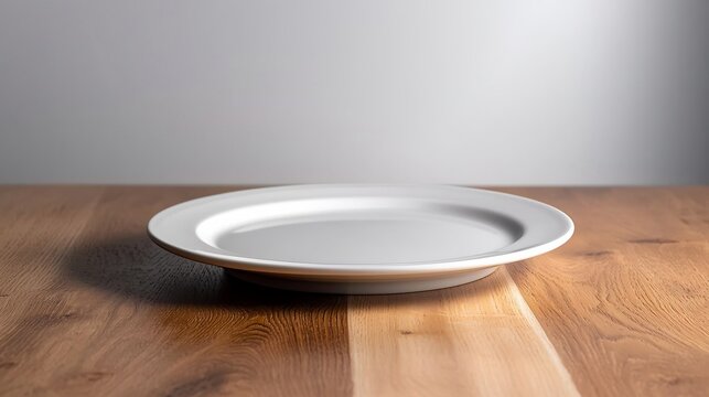 Empty White Plate on Wooden Table