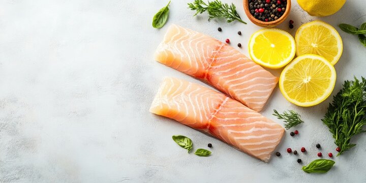 Fresh saithe fillet on a textured light background with lemon slices, herbs, and spices arranged around, ample copy space for food promotions