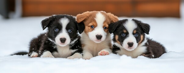 Playful Border Collie puppies frolicking in a snow-covered yard.