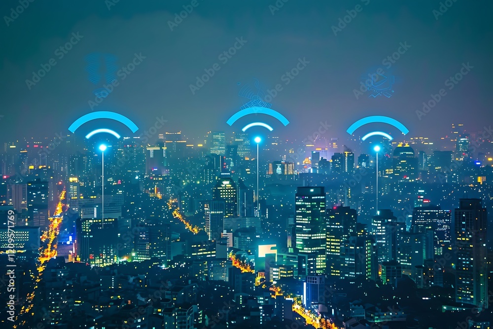 Aufkleber Smart city with wireless network connection and internet of things technology concept.