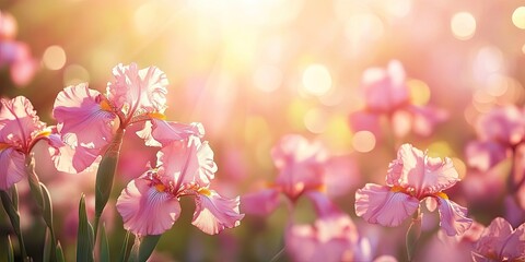 Soft pink irises bathed in warm sunlight create a dreamy spring backdrop with a shallow depth of field enhancing floral beauty and vibrant colors.