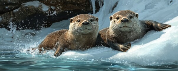 Fototapeta premium Playful otters sliding on the ice