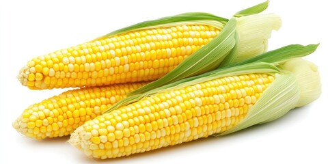 Freshly harvested yellow corn on cobs with green husks arranged diagonally on a white background showcasing vibrant yellow and green colors.