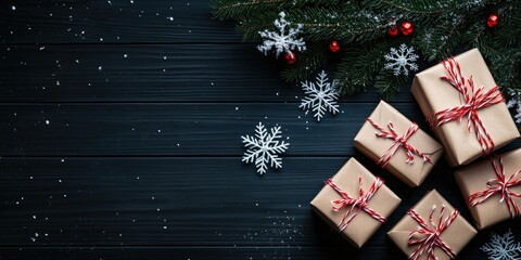 Festive arrangement of wrapped gift boxes in natural kraft paper with red twine beside green fir branches and white snowflakes on black wood