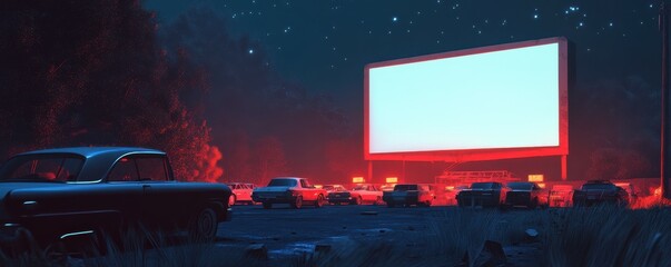 A classic drive-in movie theater, cars lined up under the giant screen, the glow of the projector illuminating the night.