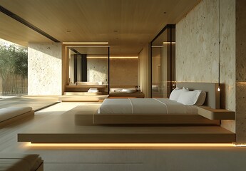 Modern Minimalist Beige Bedroom Design Light Wooden Platform Bed