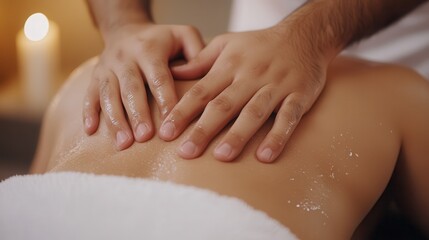 Naklejka premium Hydrotherapy for beauty and wellness at the spa Relaxing massage therapy with hands on back and soft lighting.