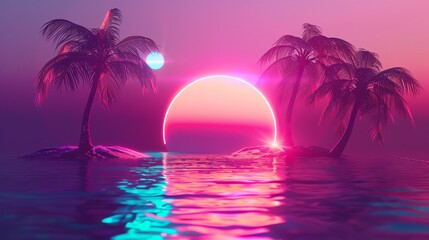A retro-futuristic tropical scene with palm trees and a glowing pink orb at sunset.