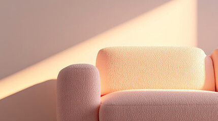 A stylish pastel pink couch occupies a corner of a softly lit room. The warm afternoon sunlight casts gentle shadows, enhancing the cozy atmosphere while highlighting the couch's contemporary lines