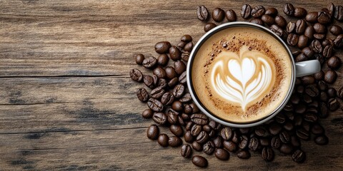 Latte art heart displayed in a white cup on a rustic wooden table surrounded by dark coffee beans top view warm tones inviting morning vibe